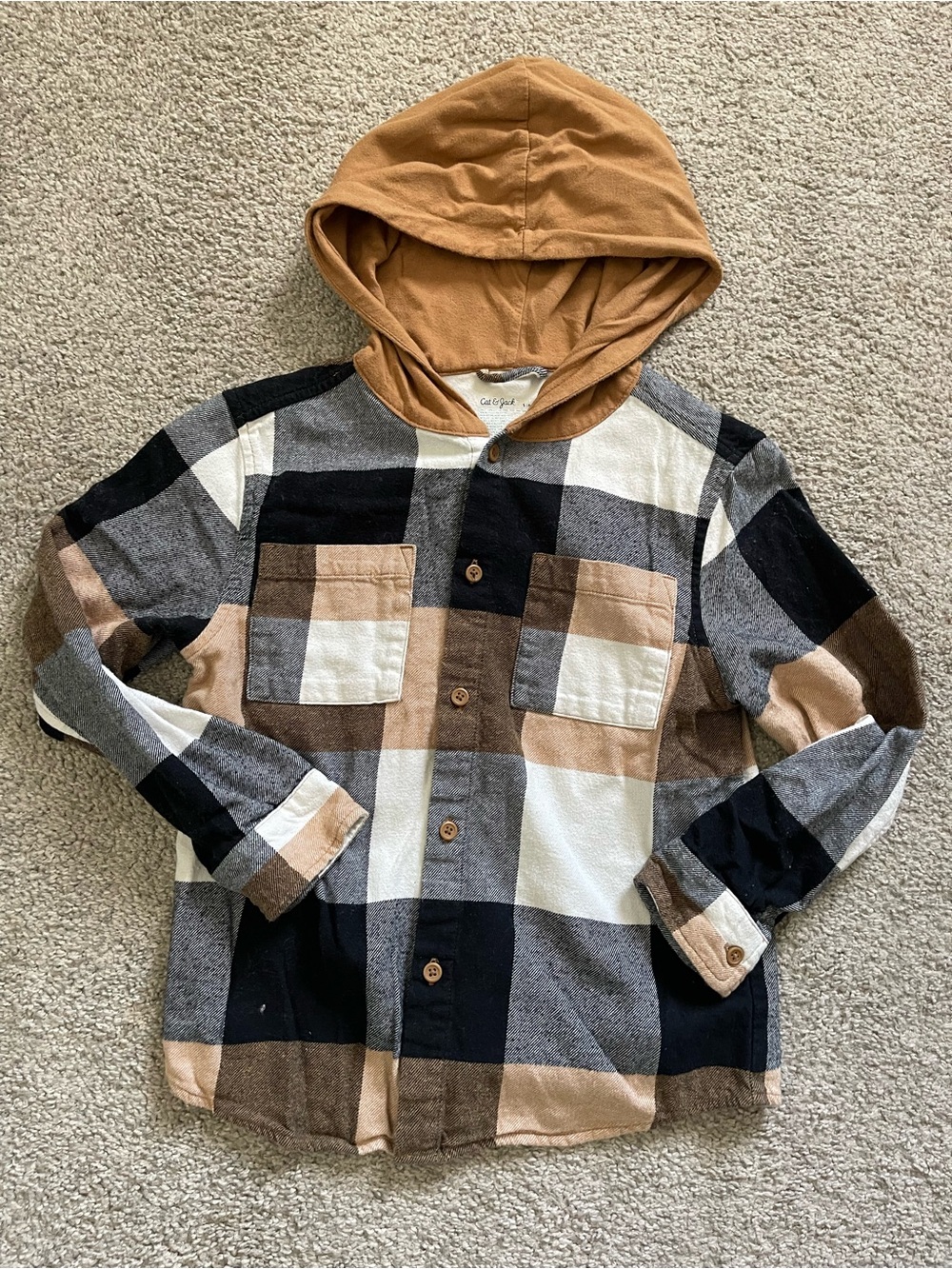 Cat & Jack Tan Hooded Plaid Button-Up Shirt
